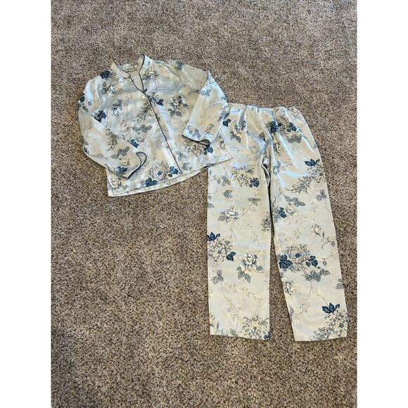 Vintage MORGAN TAYLOR Size S 3 PC PAJAMA & ROBE SET TOP & PANTS Floral Blue J23 - Picture 3 of 9